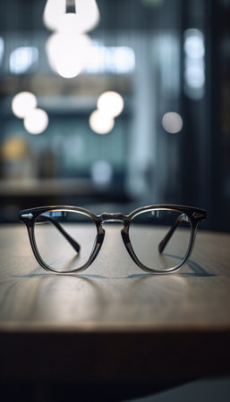 Frame of glasses of rounded shape on the table on a blurred background. Generative AI.の素材