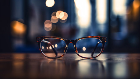 Frame glasses animal print leopard or tiger on the table on a blurred background. Generative AI.の素材