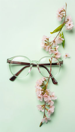 Translucent Frame of glasses of round shape on a pastel turquoise background and flowers top view. Generative AI.の素材