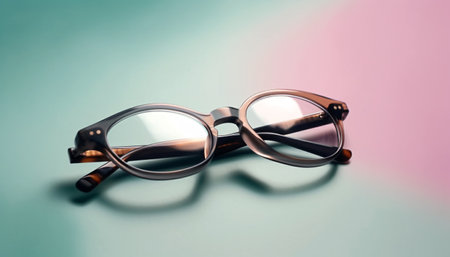 Frame of glasses of round shape on a pastel pink turquoise background. Generative AI.の素材