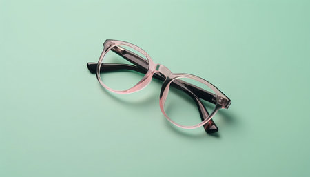 Frame of glasses of round shape on on a pastel turquoise background top view. Generative AI.の素材