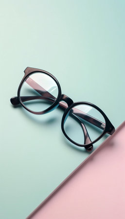 Frame of glasses of round shape on a pastel pink turquoise background. Generative AI.の素材