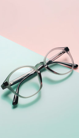 Translucent Frame of glasses of round shape on a pastel pink turquoise background. Generative AI.の素材