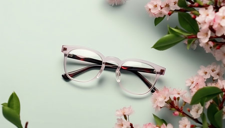 Translucent Frame of glasses of round shape on a pastel turquoise background and flowers top view. Generative AI.の素材