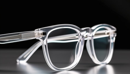 Translucent eyeglass frames on a table on a black background. Generative AI.の素材