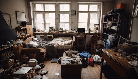 Mess in the room of the house, garbage and trash. Generative AI.の素材