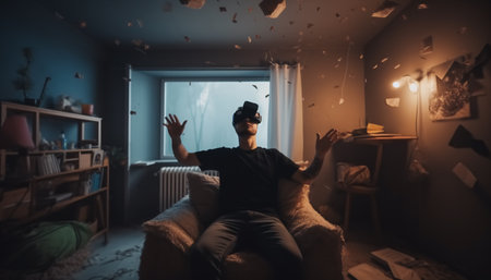 Happy man in virtual reality glasses in a mess in a room at home, escape from reality, virtual life concept, blurred motion. Generative AI.の素材