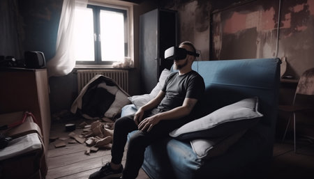Happy man in virtual reality glasses in a mess in a room at home, escape from reality, virtual life concept, blurred motion. Generative AIの素材