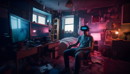 Happy man in virtual reality glasses in a mess in a room at home, escape from reality, virtual life concept, in neon light. Generative AIの素材