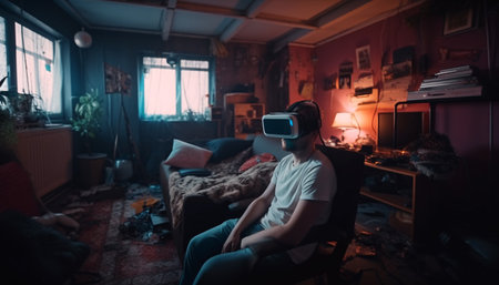 Happy man in virtual reality glasses in a mess in a room at home, escape from reality, virtual life concept, in neon light. Generative AIの素材
