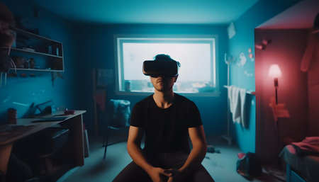 Happy man in virtual reality glasses in a mess in a room at home, Video game addiction, virtual life concept, in neon light. Generative AIの素材