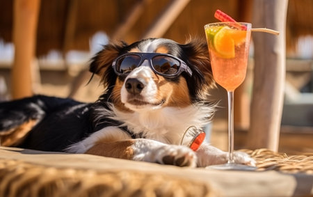Dog in sunglasses with a cocktail lying on the beach on a sun lounger. Generative AI.の素材