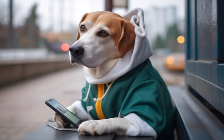 Pet dog using mobile phone on the street in the city. Generative AI.の素材