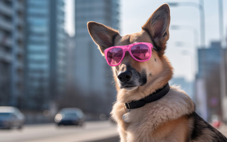 Dog pet in sunglasses walks through the city streets. Generative AI.の素材