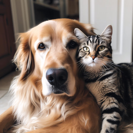 Pets cat and dog hugging together at home, animal friendship in the family. Generative AI.の素材