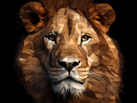Low poly style portrait of a lion on a dark background, generated by AI.の素材