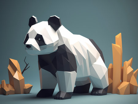 Low poly panda portrait and bamboo, AI generated.の素材