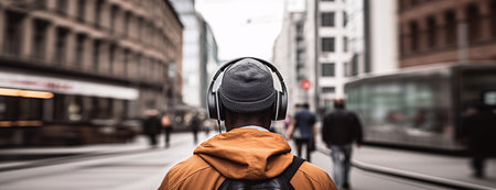 Back view of a man listening to music or a podcast with headphones in the city, Unusual journey to new cities and countries concept, AI generated.の素材