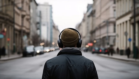 Back view of a man listening to music with headphones in the city, AI generated.の素材