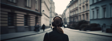 Back view of a woman listening to music or a podcast with headphones in the city, Unusual journey to new cities and countries concept, AI generated.の素材