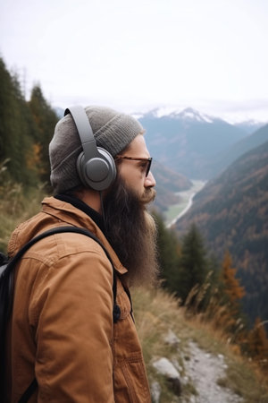 Traveler Man on a journey in headphones in the mountains in nature meditates, relaxes and takes care of mental health, AI generated.の素材