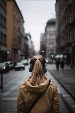 Back view of a woman listening to music or a podcast with headphones in the city, Unusual journey to new cities and countries concept, AI generated.の素材