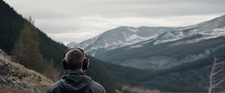 Back view Traveler Man on a journey in headphones in the nature meditates, relax mountainses and takes care of mental health, AI generated.の素材