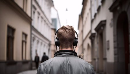 Back view of a man listening to music or a podcast with headphones in the city, Unusual journey to new cities and countries concept, AI generated.の素材