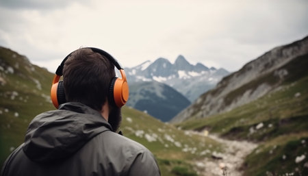 Back view Traveler Man on a journey in headphones in the nature meditates, relax mountainses and takes care of mental health, AI generated.の素材