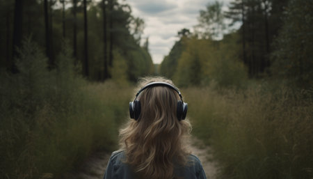 Back view woman in headphones in nature meditates, relaxes and takes care of mental health, AI generated.の素材