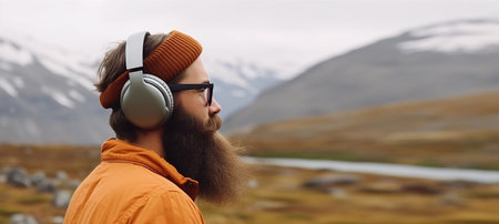 Man in headphones in the mountains in nature meditates, relaxes and takes care of mental health, AI generated.の素材