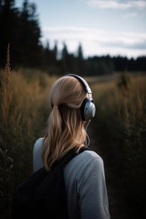 Back view woman in headphones in nature meditates, relaxes and takes care of mental health, AI generated.の素材