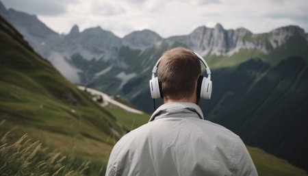 Back view Man in headphones in the mountains in nature meditates, relaxes and takes care of mental health, AI generated.の素材