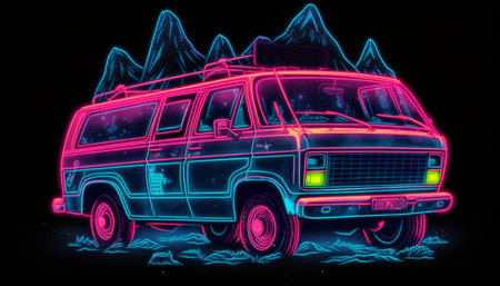 Vintage van in neon light and an alien space forest on a black background, AI generated.の素材