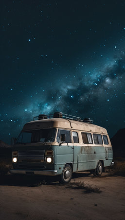Vintage van on a desert landscape at night against the background of a starry sky, generated by AI.の素材