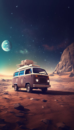 Unusual space travel concept, vintage van on an unknown planet of the night starry sky background , generated by AI.の素材
