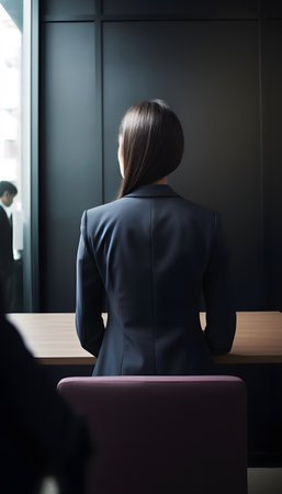 Back view of a woman in a suit waiting for a job interview, generated AI.の素材
