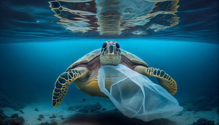 World ocean pollution, Turtle and plastic bags underwater, generated by AI.の素材