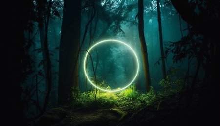Mystical glowing neon light creepy circle or portal in the forest, AI generated.の素材