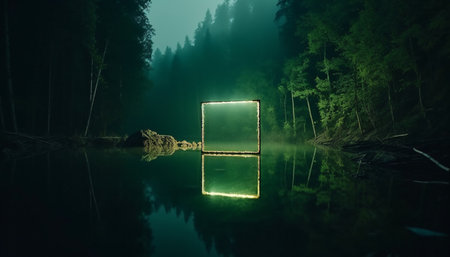Mystical glowing neon creepy square frame or portal over water or lake in the forest, AI generated.の素材