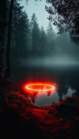 Mystical glowing neon creepy circle or portal on the water, AI generated.の素材