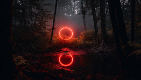 Mystical glowing neon creepy circle or portal over water or lake in the forest, AI generated.の素材