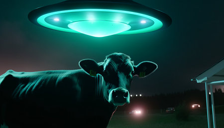 Cow abduction by aliens on a flying saucer in neon light at night in a field, generated by AI.の素材