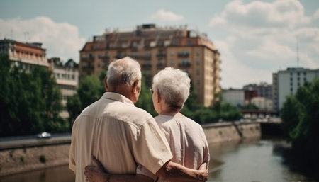 Elderly senior couple hugging and walking or traveling in the summer city, back view, AI generated.の素材
