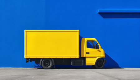 Yellow Cargo truck with blank side mock up on blue background, AI generated.の素材