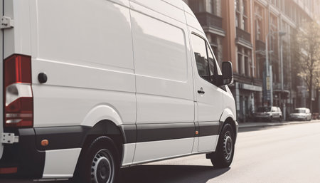 Cargo truck minibus van with blank side mock up on city streets, AI generated.の素材