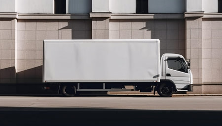 Cargo truck with blank side mock up on city streets, AI generated.の素材