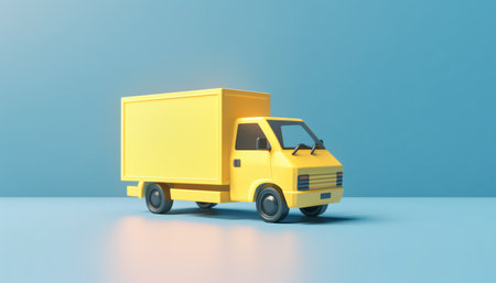 Yellow cartoon Cargo truck with blank side mock up on blue background, AI generated.の素材
