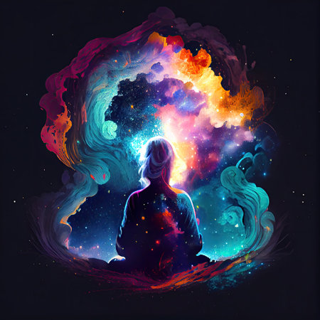 Mental health concept, cosmic man silhouette in meditation in colorful space. Generative AI.の素材