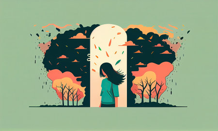 Mental health concept, lonely woman, psychological problems and stress in a minimalistic flat style. Generative AI.の素材